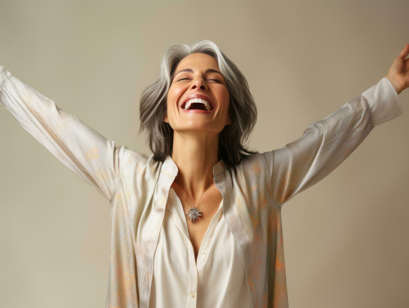 Studio shot of middle-aged woman dynamic emotional gestures AI Generative photo