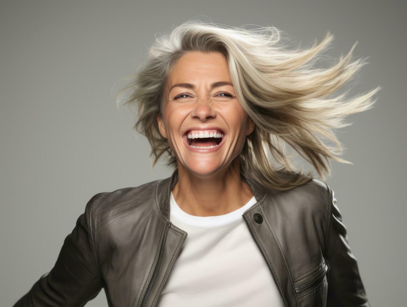Studio shot of middle-aged woman dynamic emotional gestures AI Generative photo