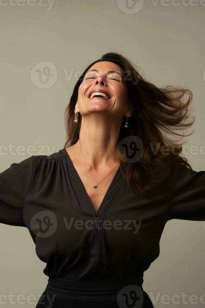 Studio shot of middle-aged woman dynamic emotional gestures AI Generative photo