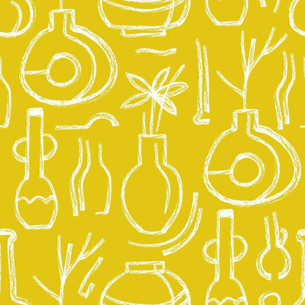 Seamless pattern of abstract hand drawn vases on bright yellow background. Art collage of ceramic pottery in a minimalistic trendy style vector