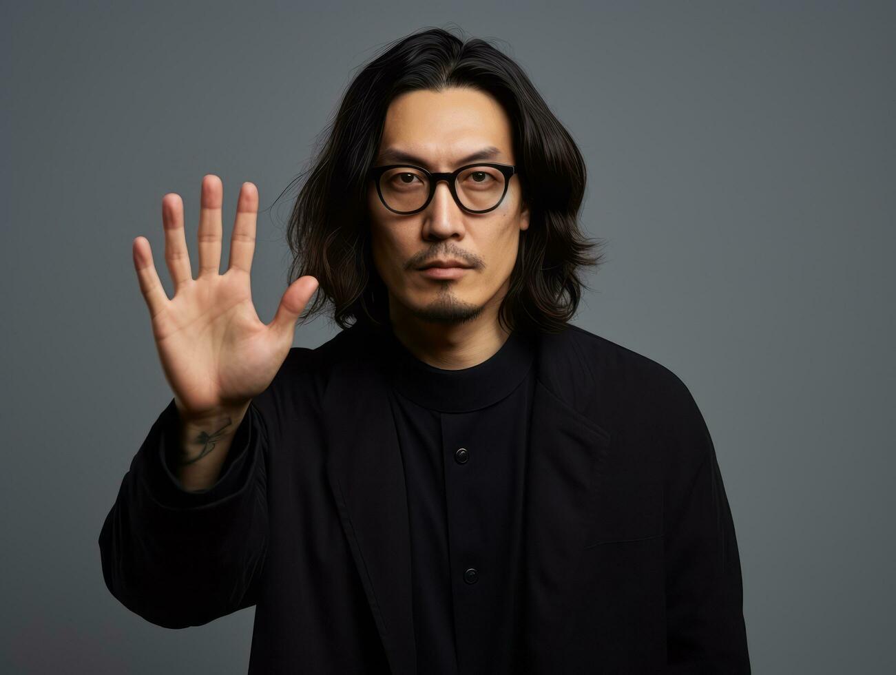 Studio shot of asian man dynamic emotional gestures AI Generative photo