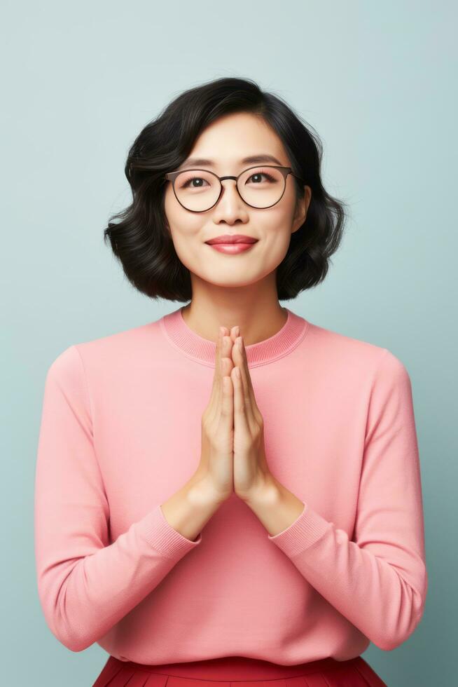 Studio shot of asian woman dynamic emotional gestures AI Generative photo