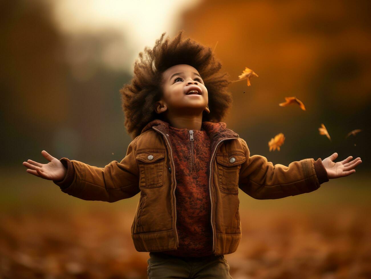 emocional dinámica gestos africano niño en otoño ai generativo foto