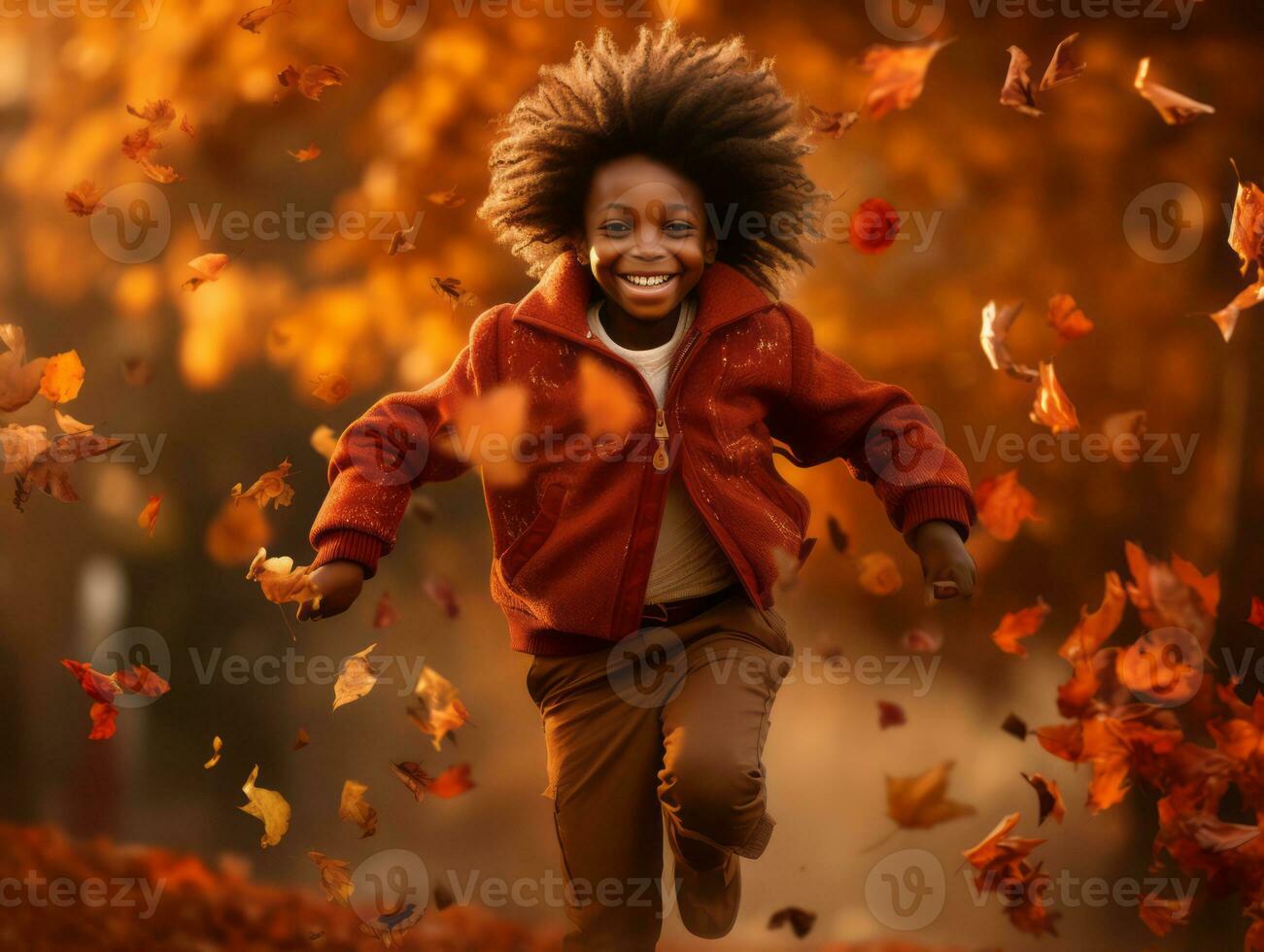 emotional dynamic gestures african kid in autumn AI Generative photo
