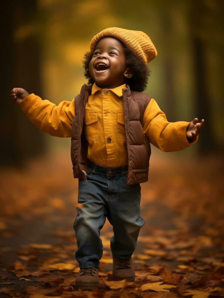 emotional dynamic gestures african kid in autumn AI Generative photo