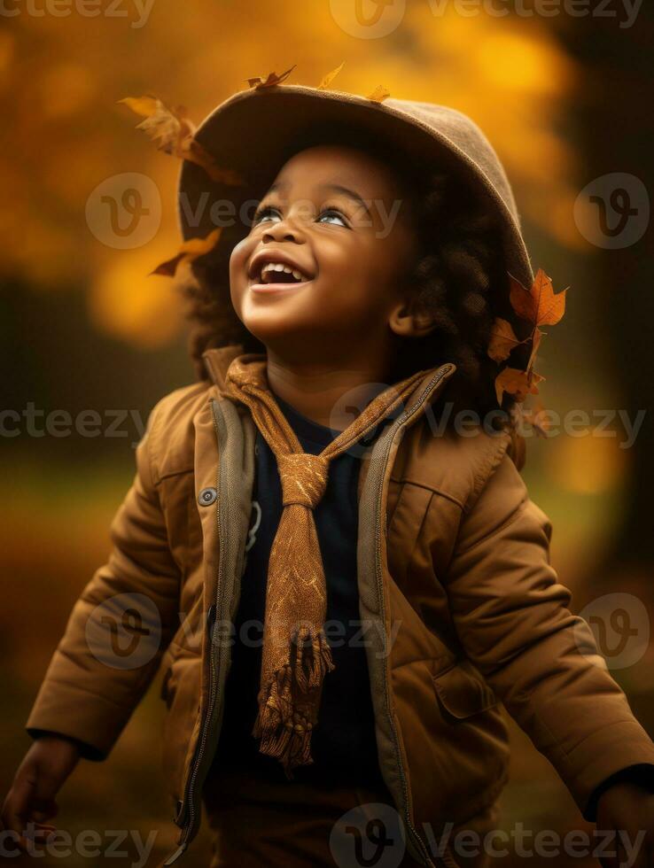 emotional dynamic gestures african kid in autumn AI Generative photo