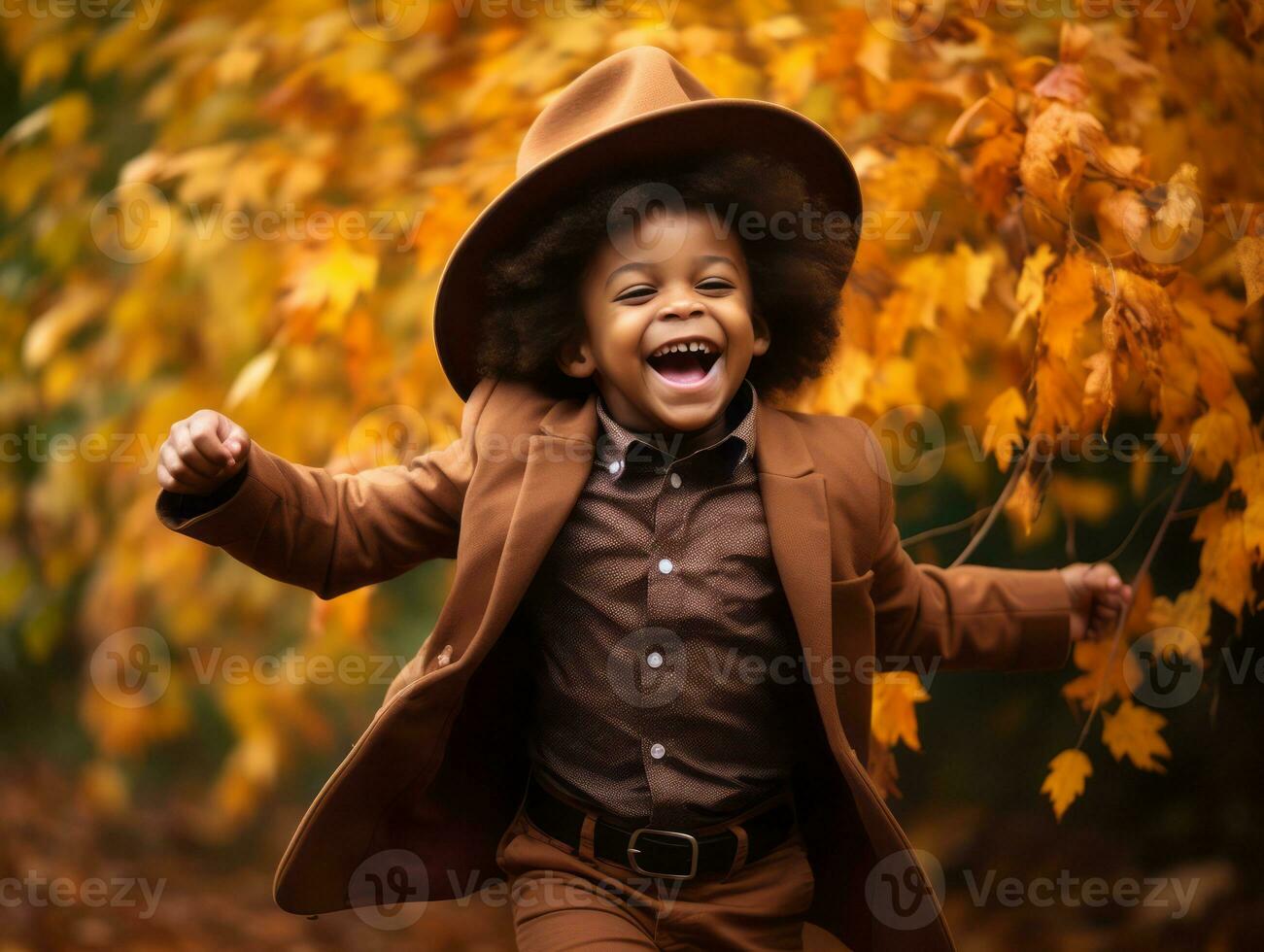 emotional dynamic gestures african kid in autumn AI Generative photo