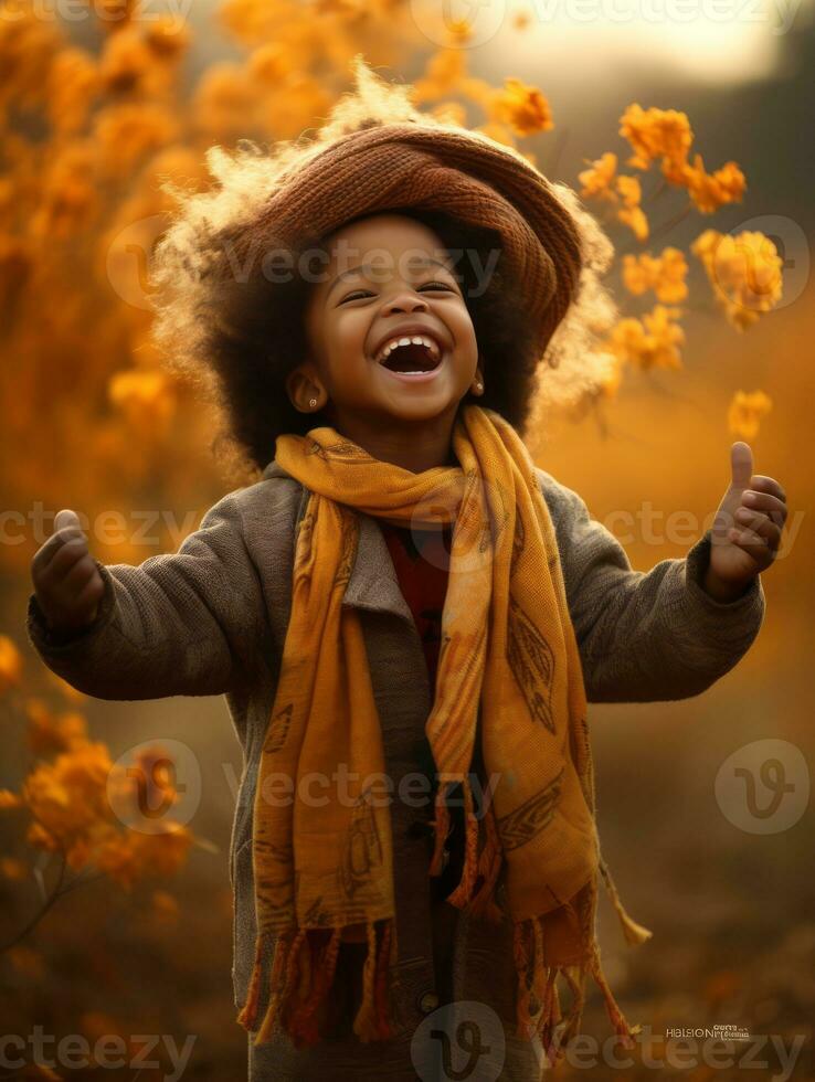 emotional dynamic gestures african kid in autumn AI Generative photo