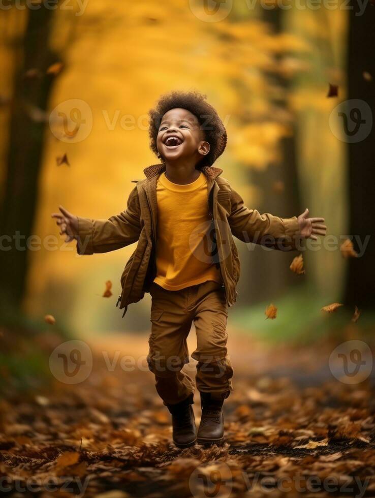 emotional dynamic gestures african kid in autumn AI Generative photo
