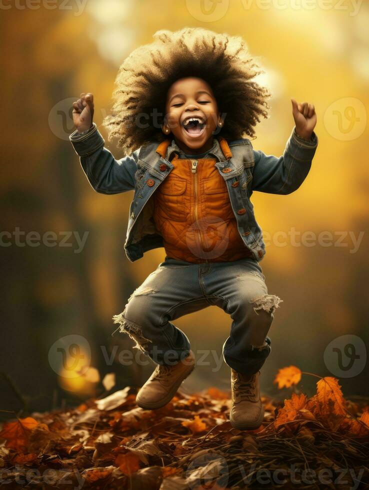 emotional dynamic gestures african kid in autumn AI Generative photo