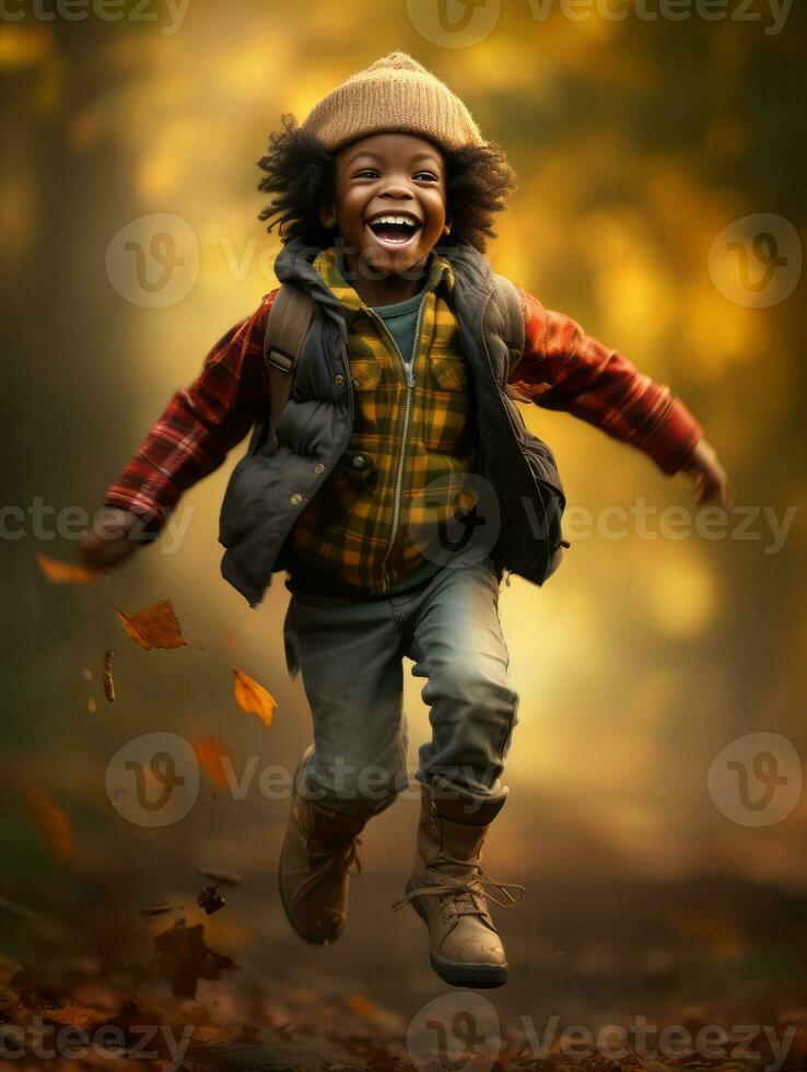 emotional dynamic gestures african kid in autumn AI Generative photo