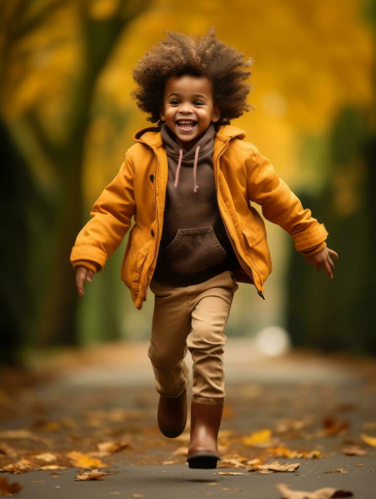 emocional dinámica gestos africano niño en otoño ai generativo foto