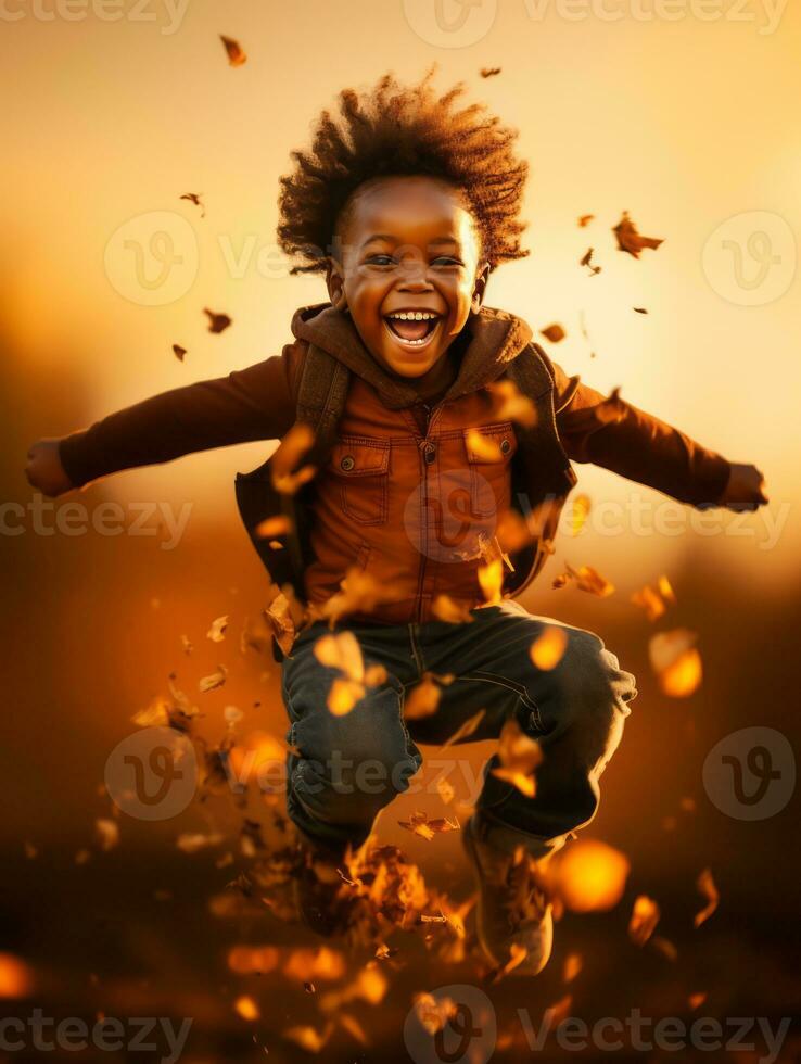 emotional dynamic gestures african kid in autumn AI Generative photo