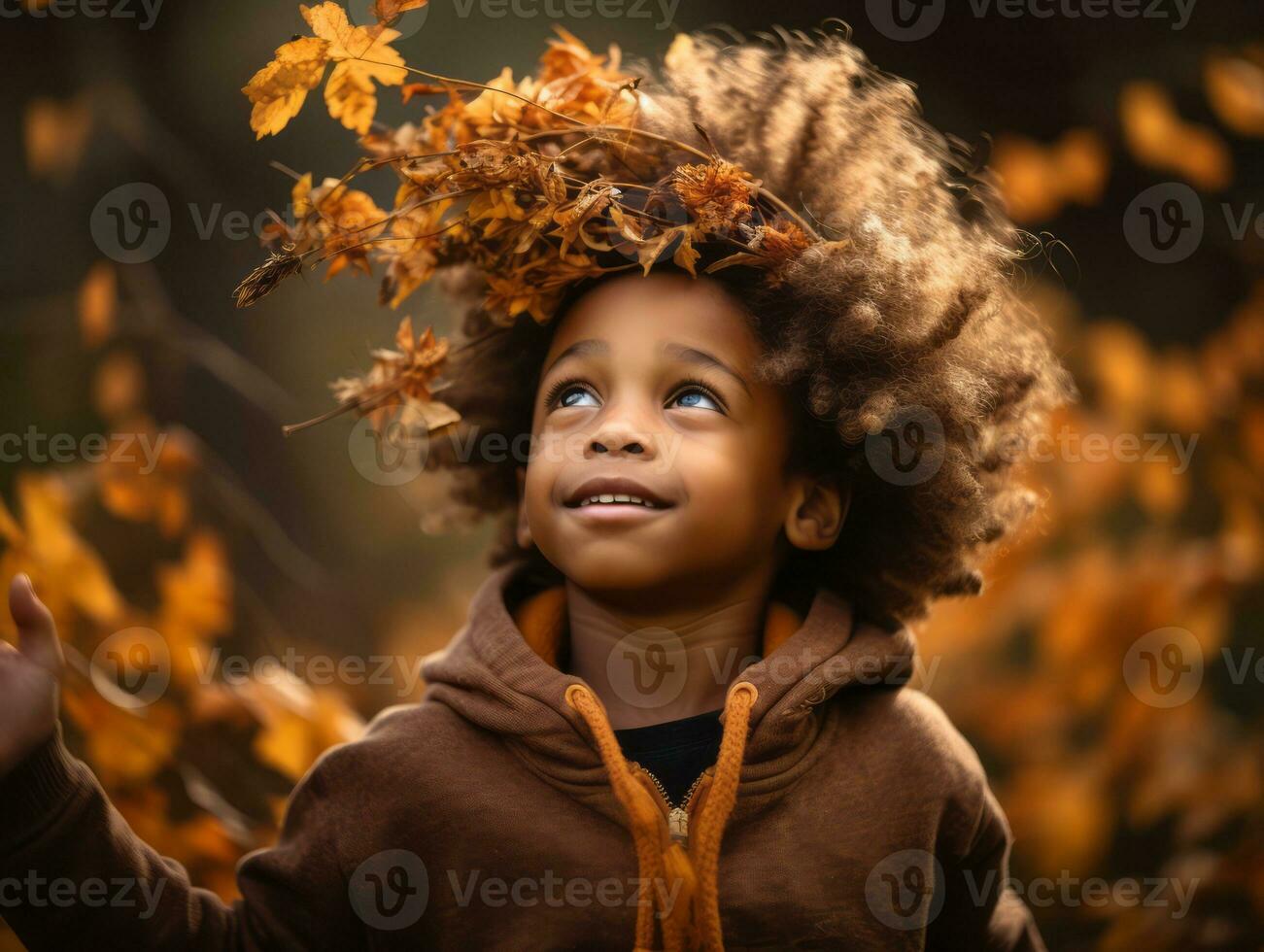 emotional dynamic gestures african kid in autumn AI Generative photo