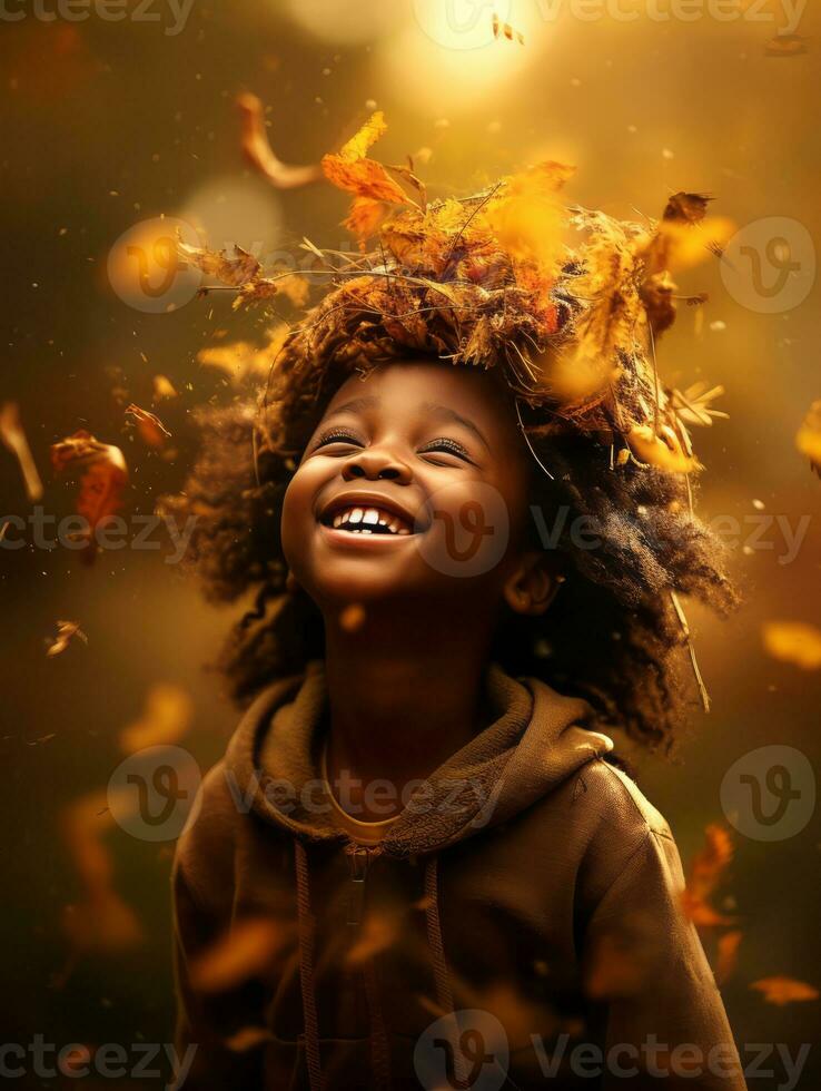 emotional dynamic gestures african kid in autumn AI Generative photo