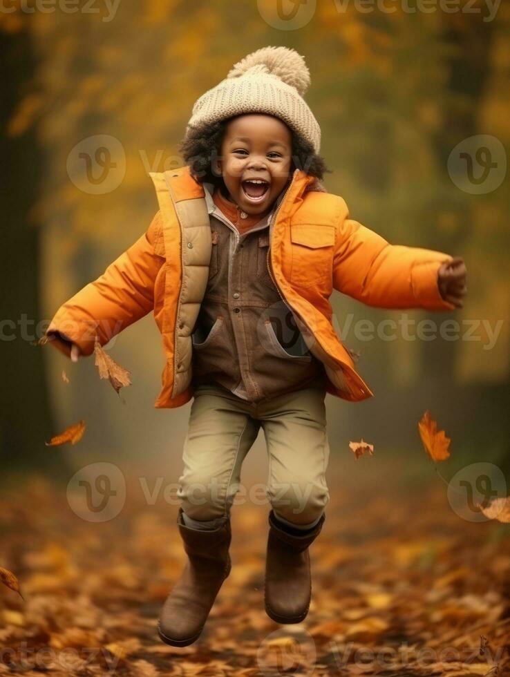 emotional dynamic gestures african kid in autumn AI Generative photo