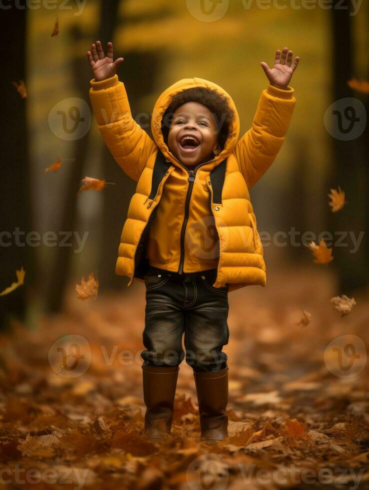 emotional dynamic gestures african kid in autumn AI Generative photo