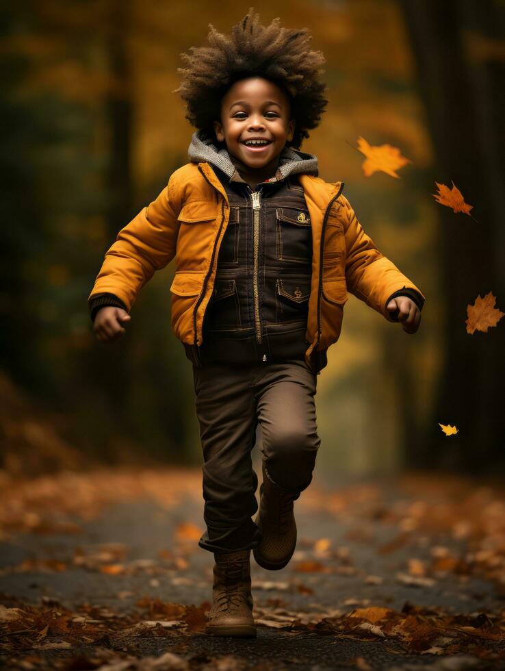 emotional dynamic gestures african kid in autumn AI Generative photo