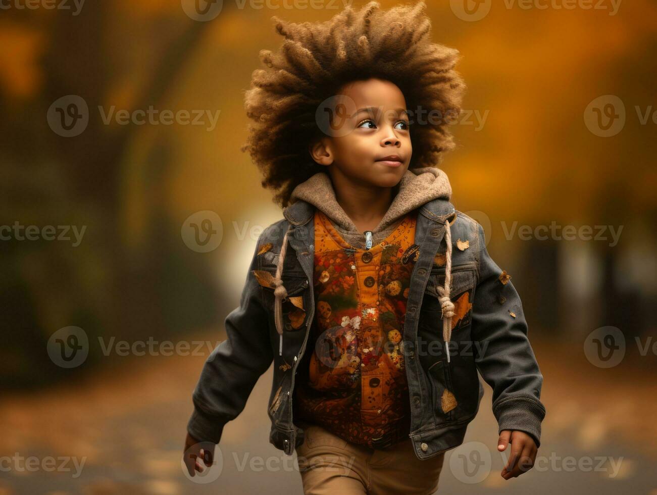emotional dynamic gestures african kid in autumn AI Generative photo