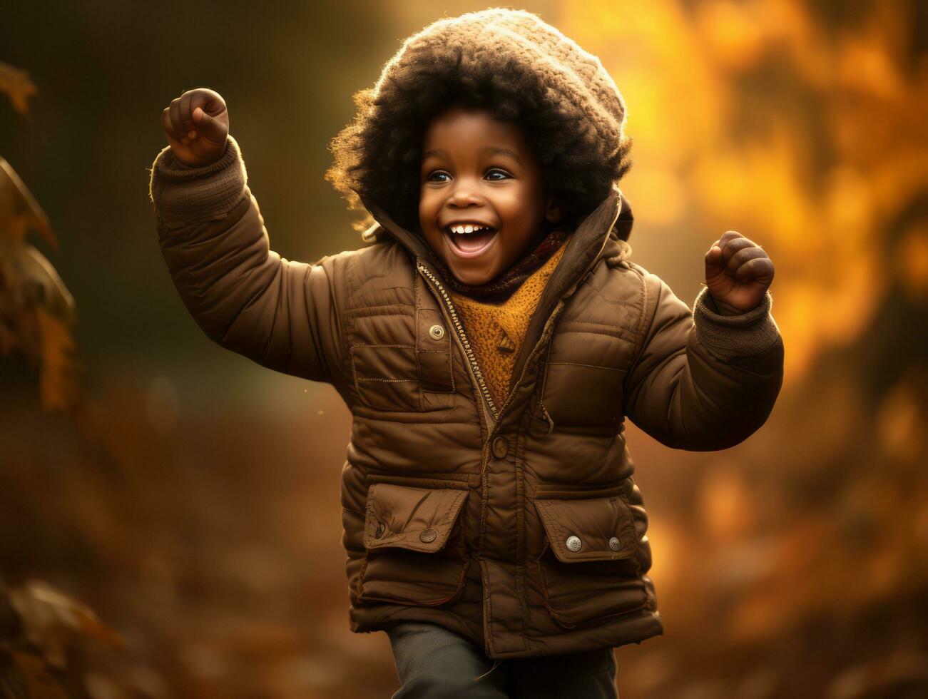 emotional dynamic gestures african kid in autumn AI Generative photo