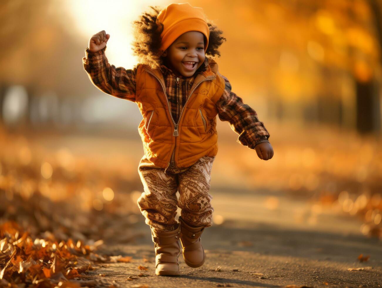 emotional dynamic gestures african kid in autumn AI Generative photo