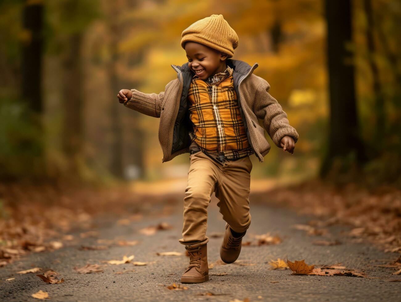 emotional dynamic gestures african kid in autumn AI Generative photo