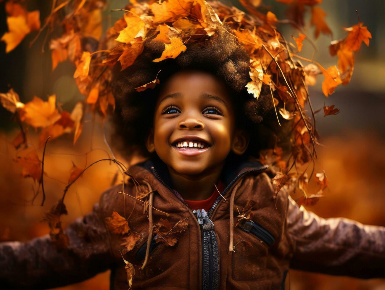 emotional dynamic gestures african kid in autumn AI Generative photo