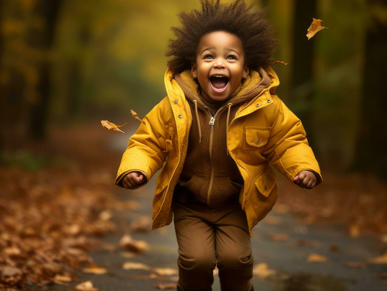 emotional dynamic gestures african kid in autumn AI Generative photo