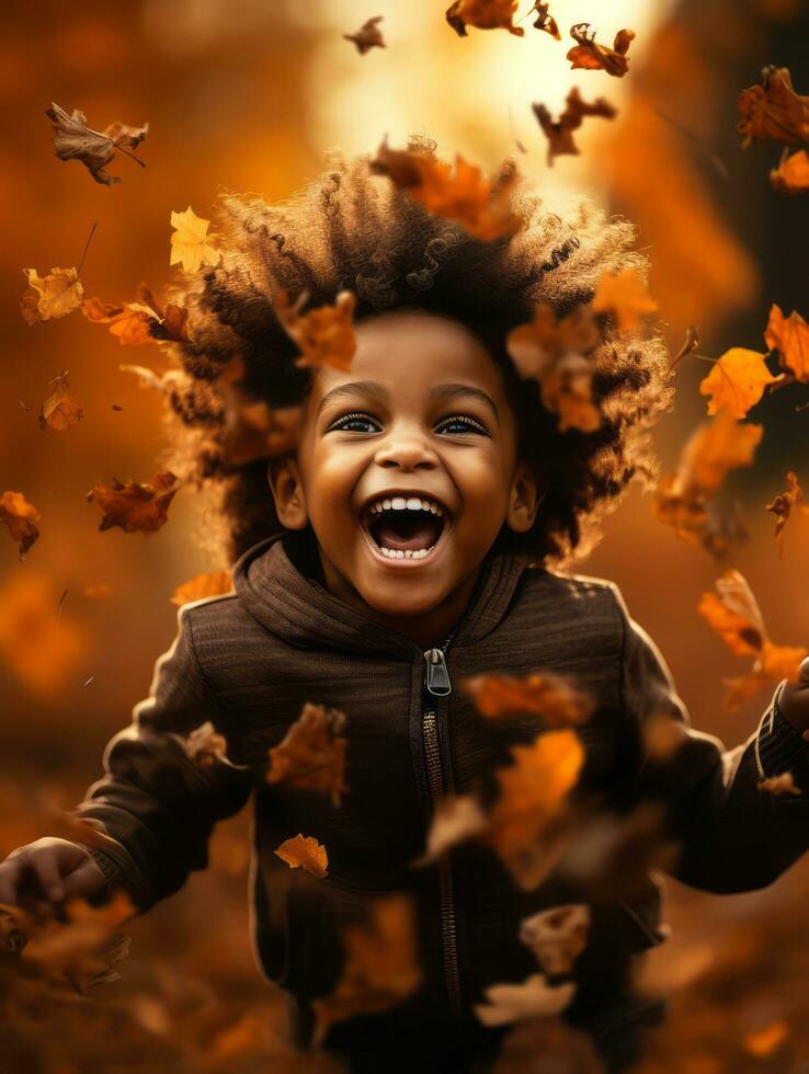 emotional dynamic gestures african kid in autumn AI Generative photo