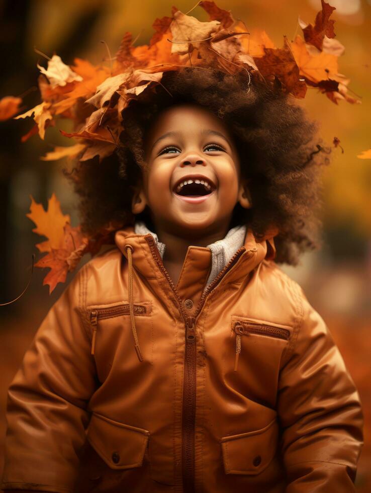 emotional dynamic gestures african kid in autumn AI Generative photo