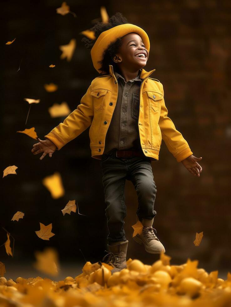 emotional dynamic gestures african kid in autumn AI Generative photo