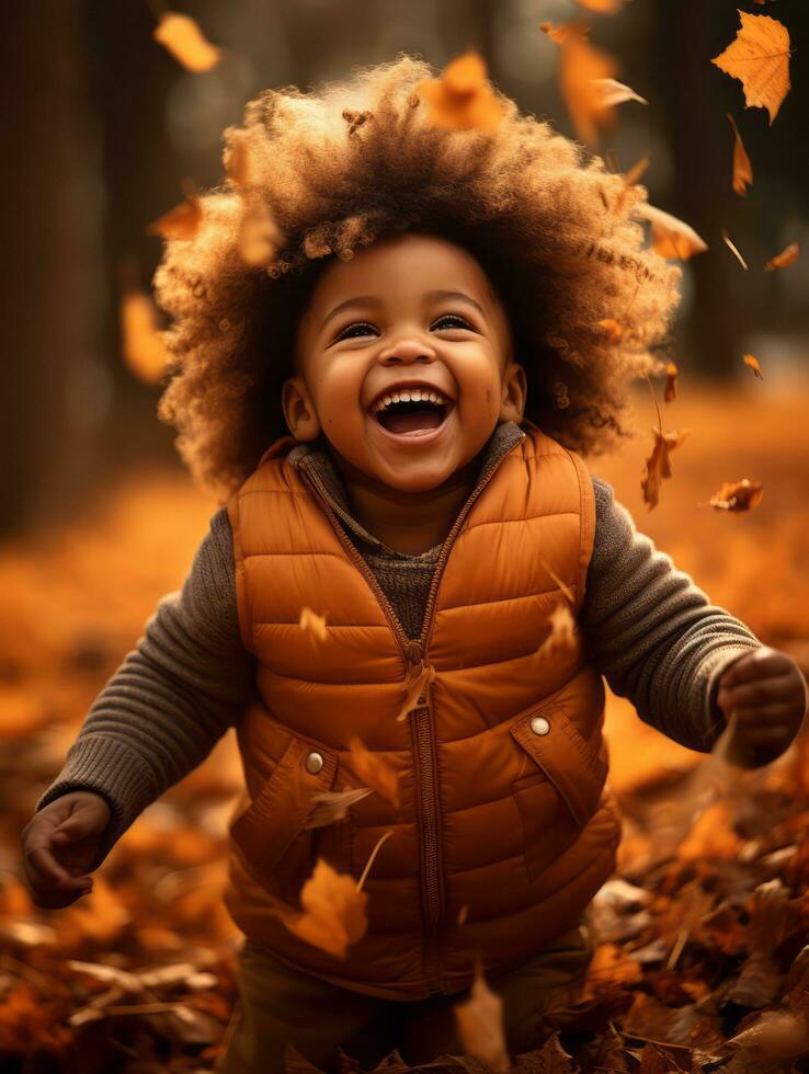 emotional dynamic gestures african kid in autumn AI Generative photo