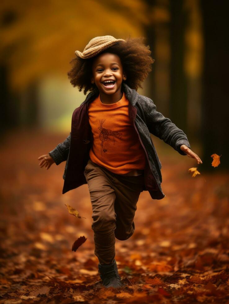 emotional dynamic gestures african kid in autumn AI Generative photo