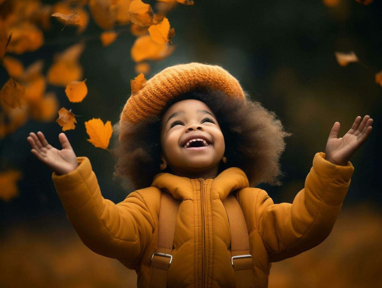 emotional dynamic gestures african kid in autumn AI Generative photo