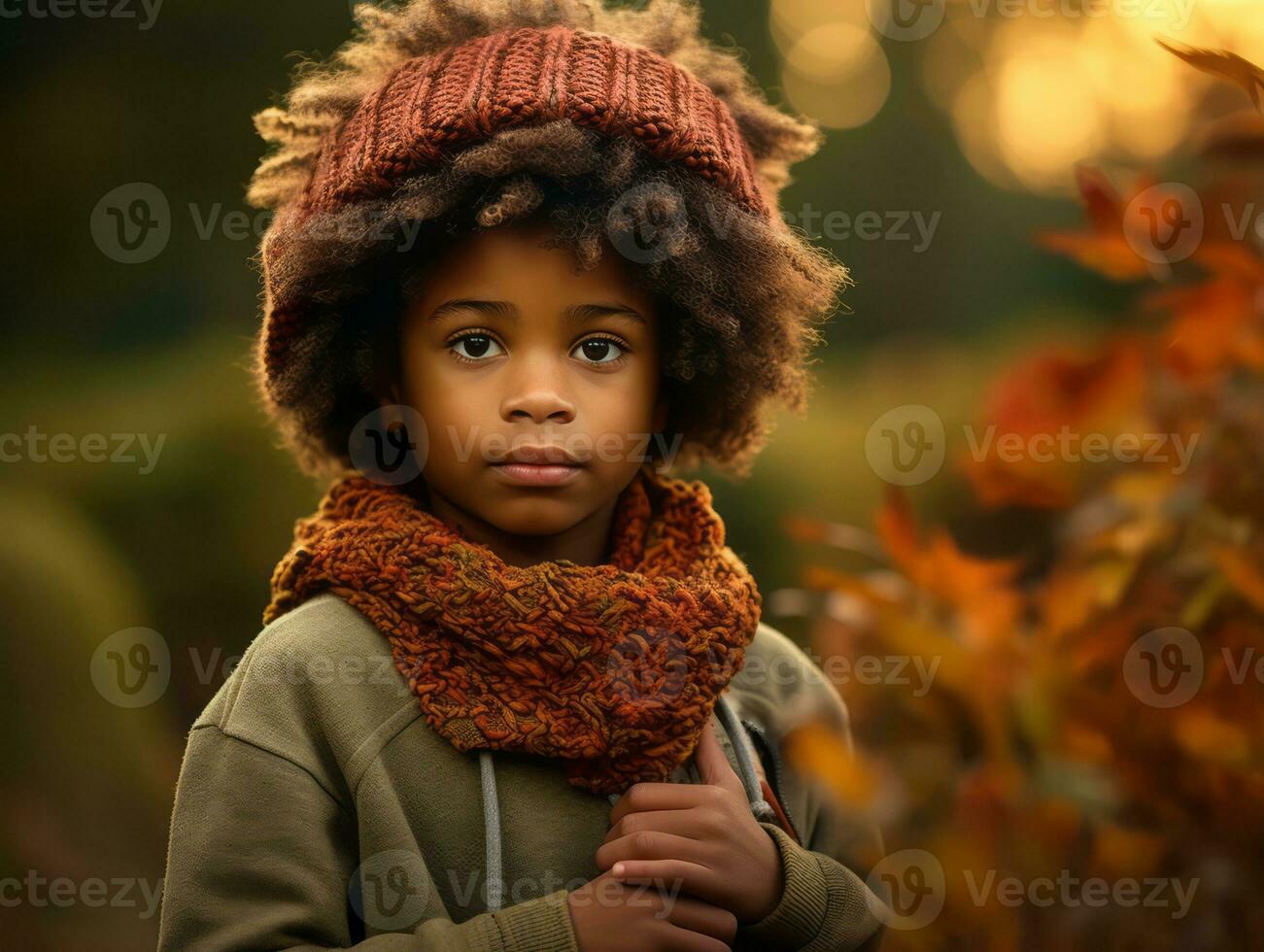 emotional dynamic gestures african kid in autumn AI Generative photo