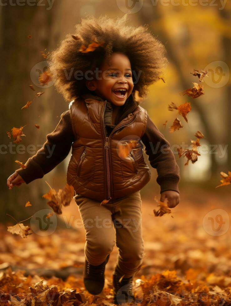 emotional dynamic gestures african kid in autumn AI Generative photo