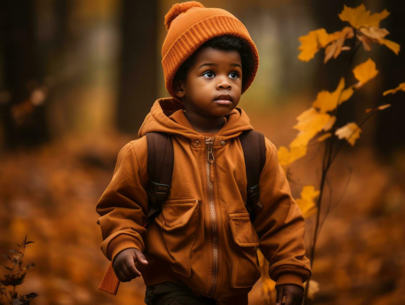 emotional dynamic gestures african kid in autumn AI Generative photo