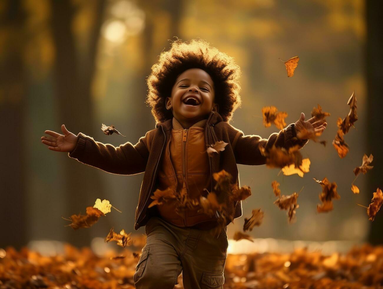 emotional dynamic gestures african kid in autumn AI Generative photo