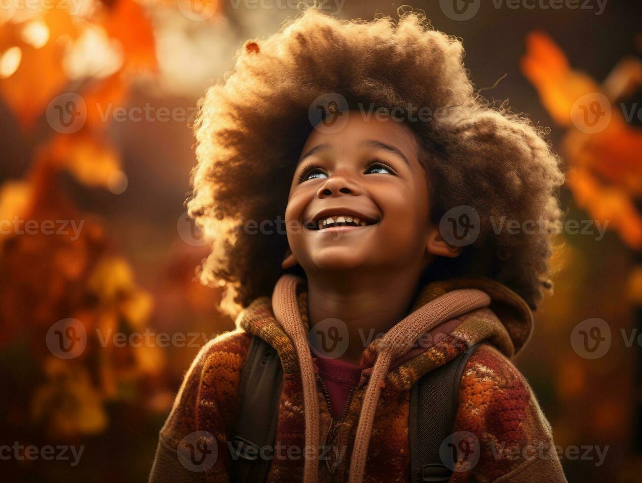 emotional dynamic gestures african kid in autumn AI Generative photo