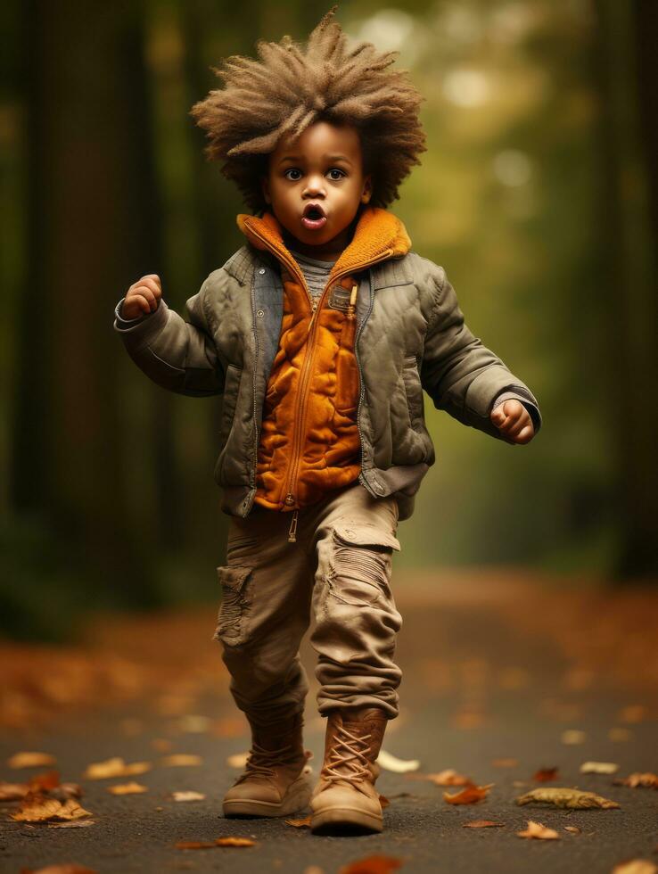 emotional dynamic gestures african kid in autumn AI Generative photo