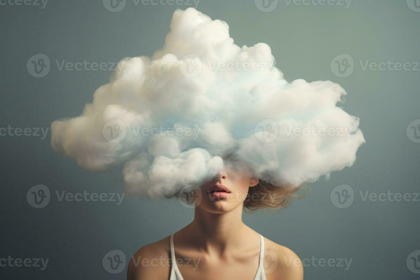 Woman with head in clouds. Generative AI photo