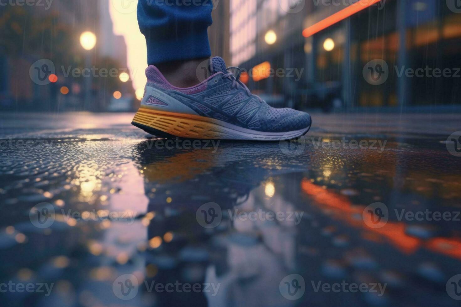 Closeup shot of a mans feet on a modern street. Generative AI photo