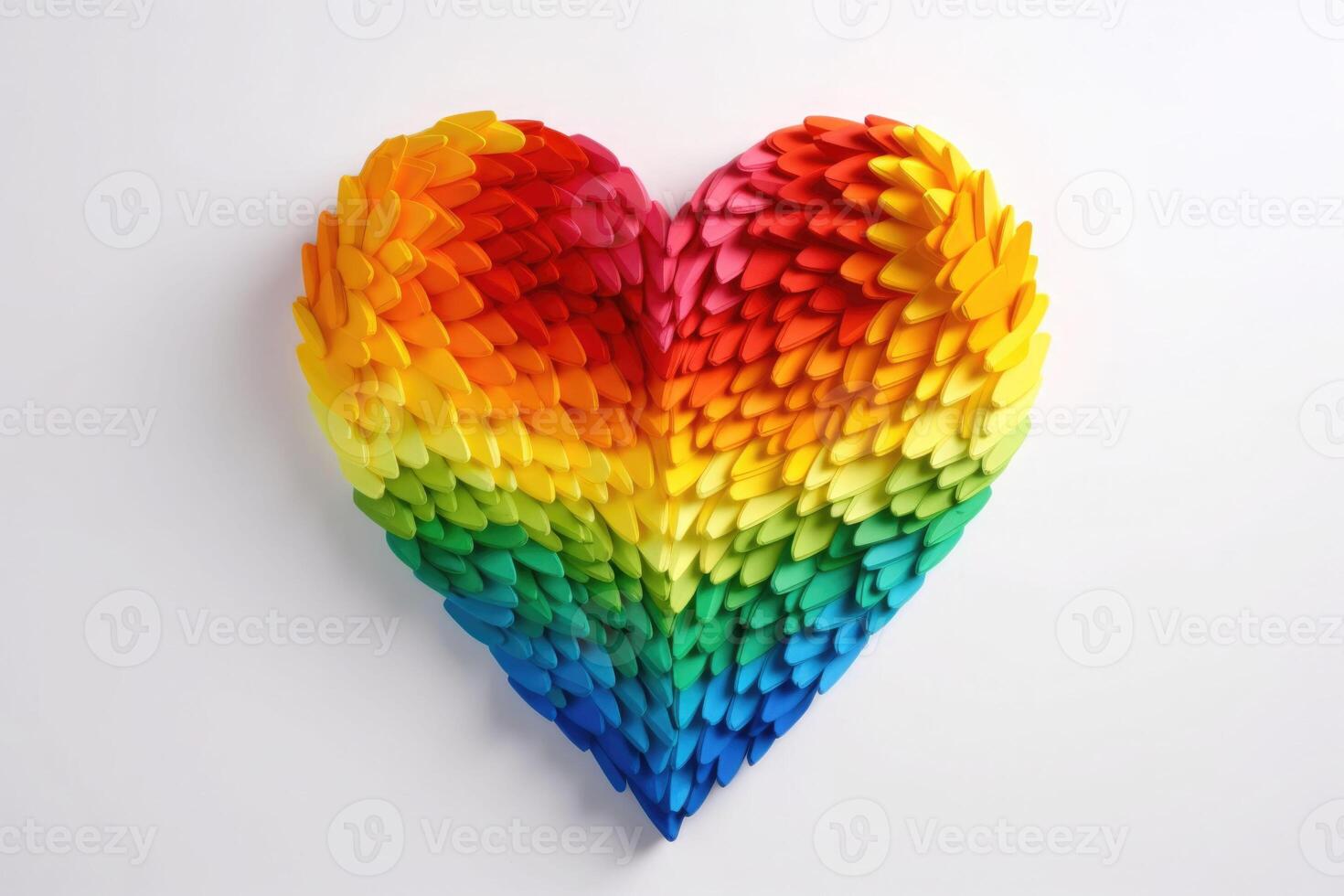 Heart made of small elements in rainbow colors on white background. Generative AI photo