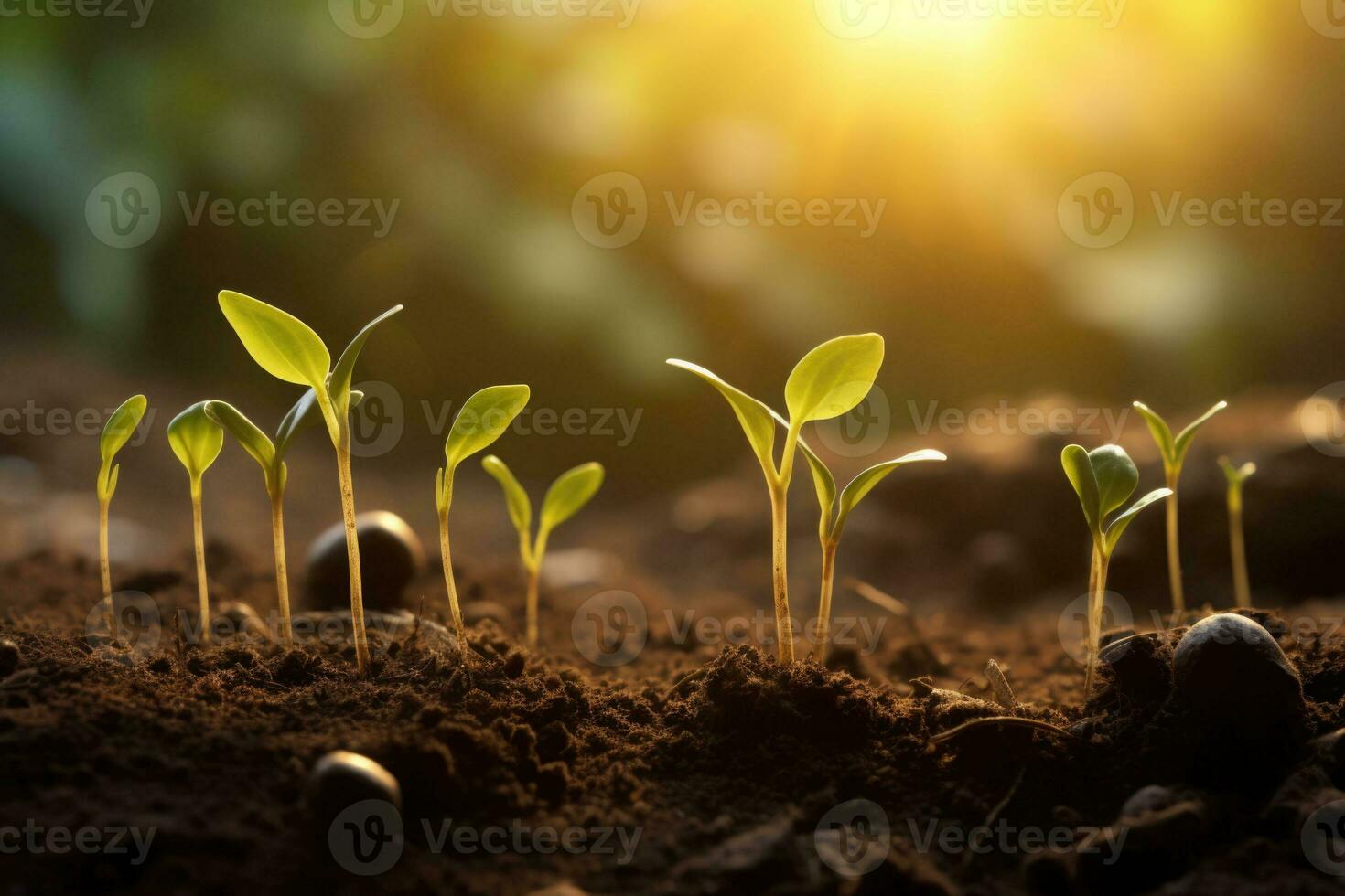 The seedlings are growing from the soil with the morning sun. Green sprout growing. Generative AI photo