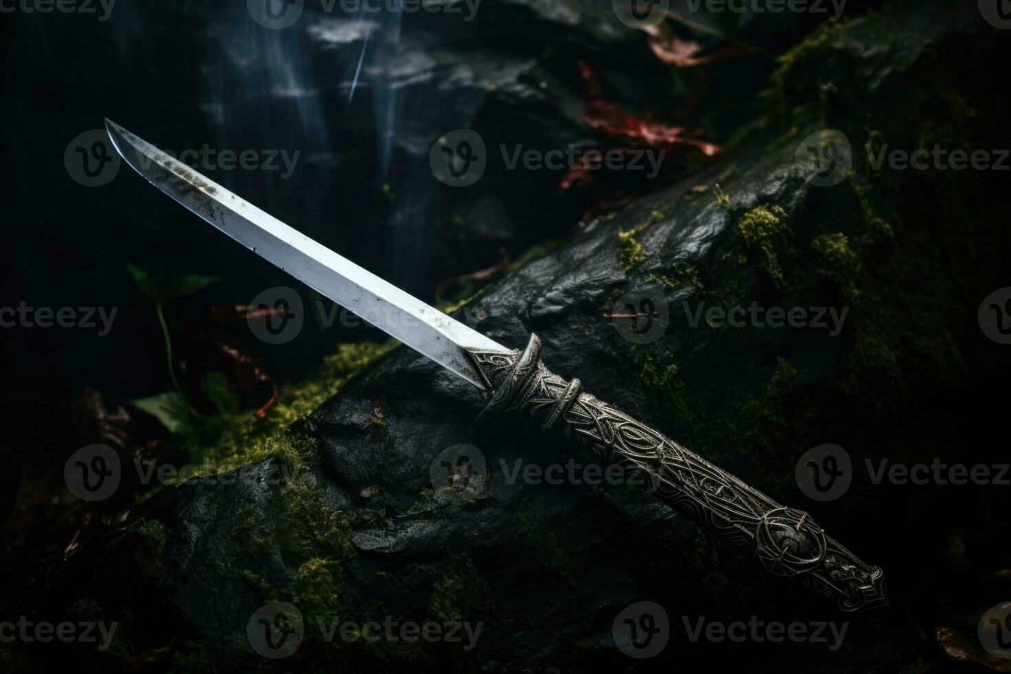 Mysterious magical old sword over gothic forest background. Medieval period concept. Generative AI photo