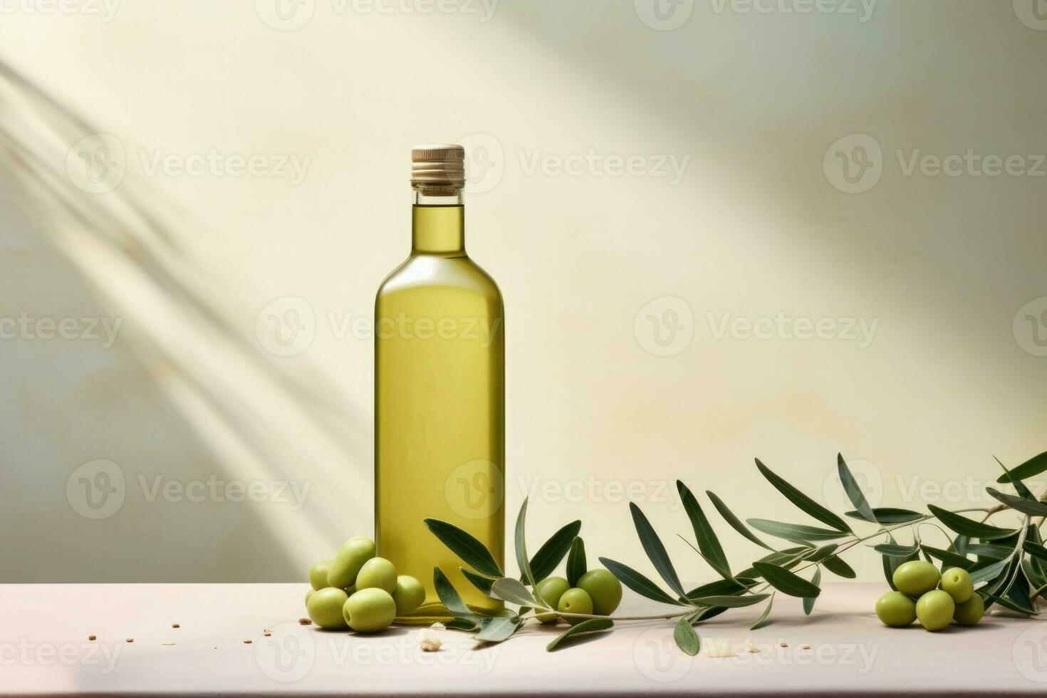 botella de Fresco extra Virgen aceituna petróleo y verde aceitunas con hojas. generativo ai foto