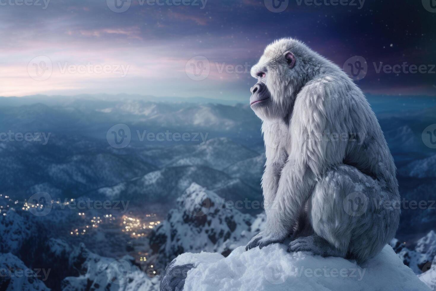 un blanco gorila soportes en un Nevado montaña cima. animal retrato. generativo ai foto