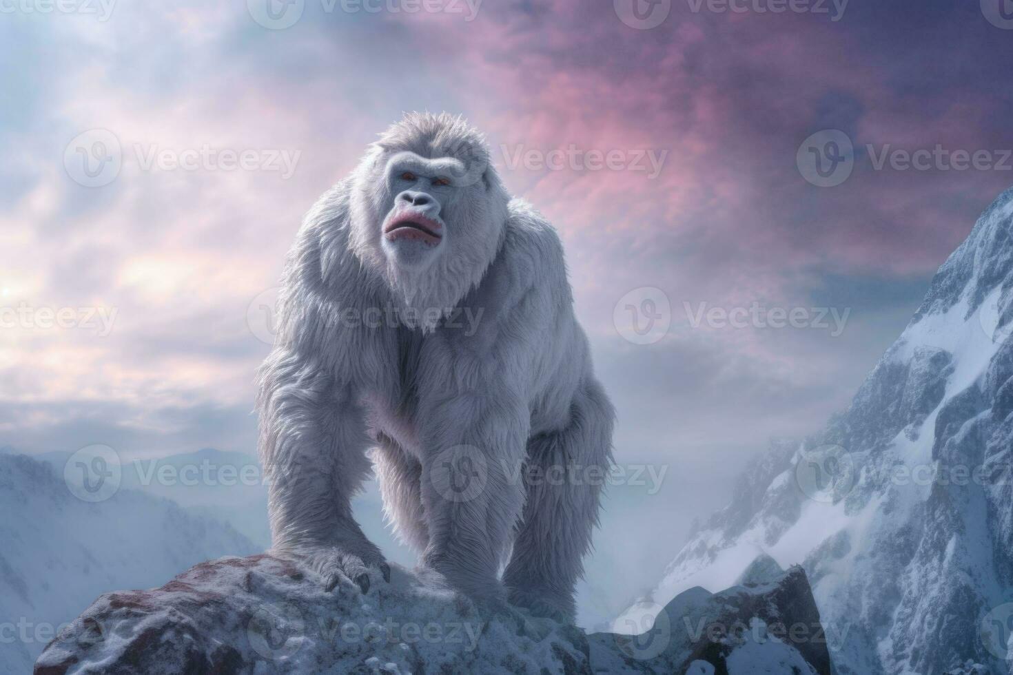 A white gorilla stands on a snowy mountain top. Animal portrait. Generative AI photo