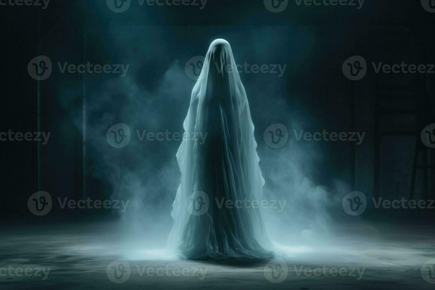 Realistic white scary ghost. AI generated photo