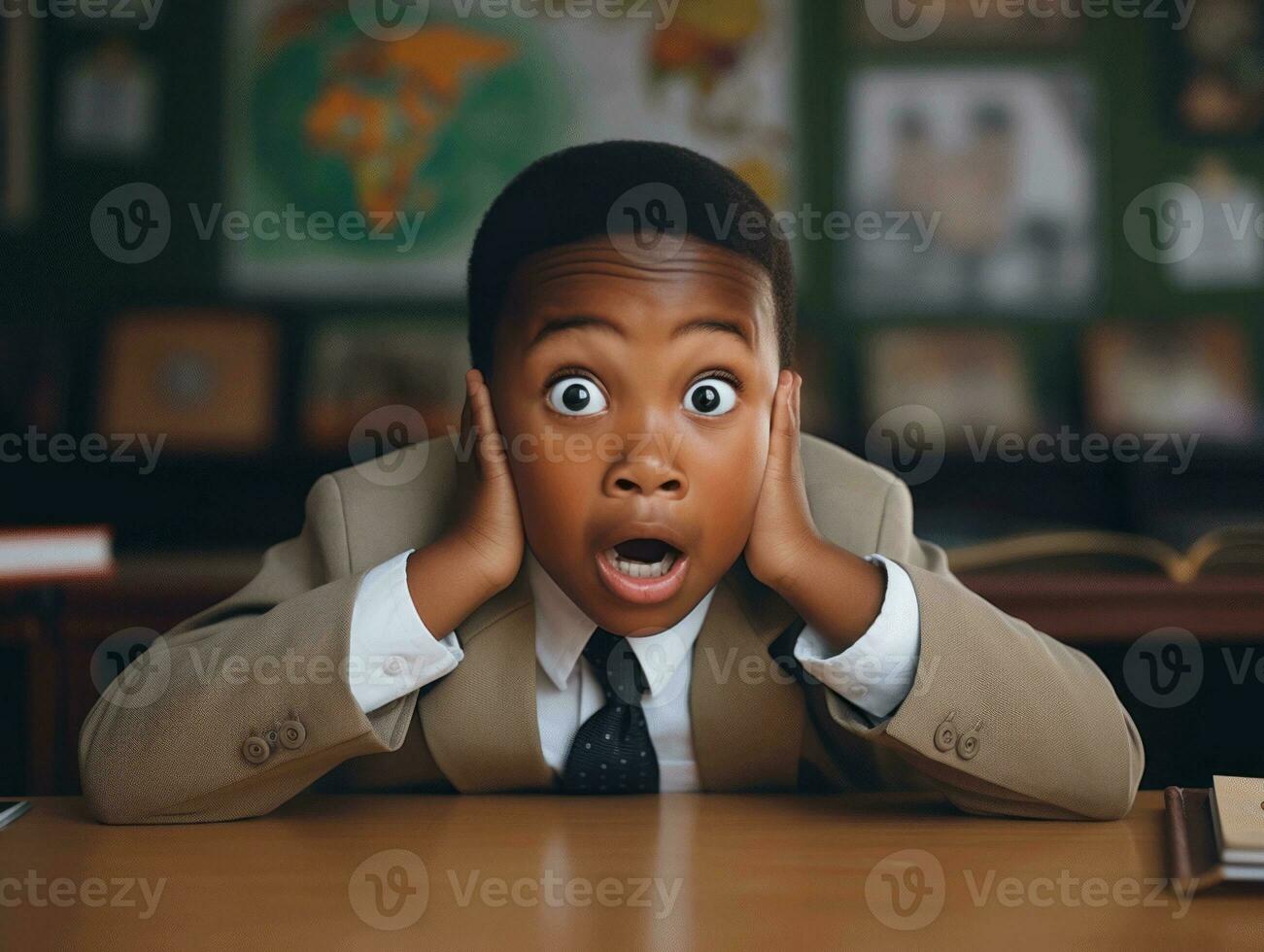 African kid in emotional dynamic pose in school AI Generative photo